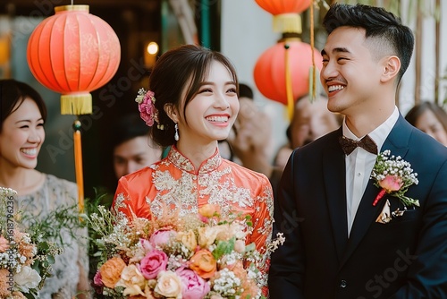 wedding ceremony with traditional Vietnamese ao dai dresses and lanterns