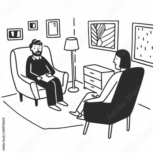 Vector art of therapy session mental health counseling psychotherapy psychologist patient conversation support wellness help vector illustration