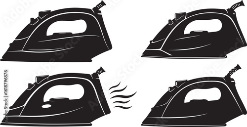 Four stages of steam iron operation silhouette