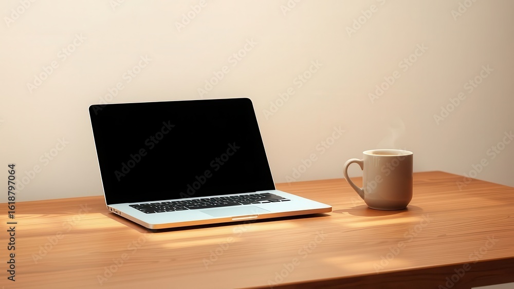 Fototapeta premium Minimalist home office setup with laptop and coffee 
