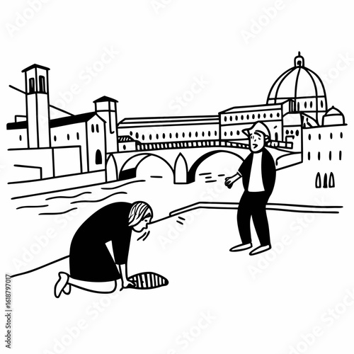Vector art of illustration of ponte vecchio florence italy with people river architecture landmark travel tourism and culture vector illustration
