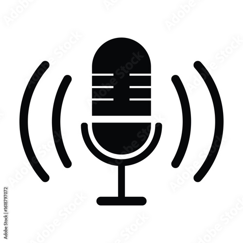 Black microphone icon with sound waves indicating audio transmission