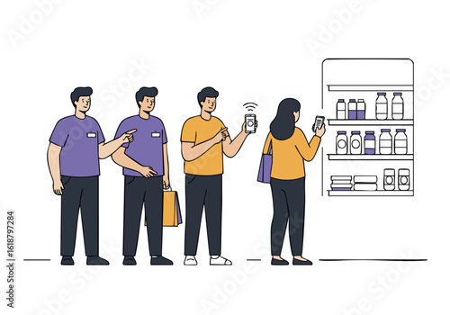 Diverse team scans products with smartphones in a retail setting. Modern, collaborative shopping experience. Clear composition, bright colors.