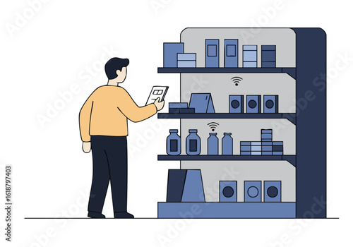 A man inspects wireless tags on a shelf in a modern store. Clean lines, blue tones, and a focused composition create a professional and tech-savvy visual.