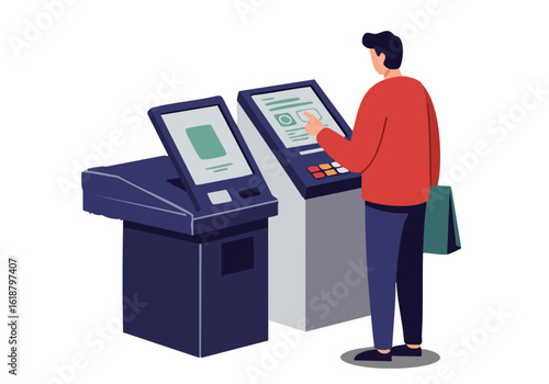 A man interacts with a digital kiosk, showcasing a modern transaction. Clean design, professional setting, and a focus on digital payments. Suitable for business and technology themes.