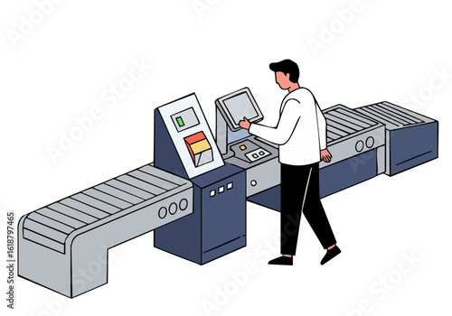 A man troubleshoots a conveyor belt system. The image showcases a modern industrial setting with a focused worker and detailed machinery. Clean lines and a professional aesthetic.