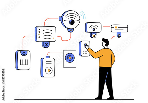 A man troubleshoots sensors with a tablet, surrounded by connected devices. Modern, digital illustration. Focus on technology and data analysis.