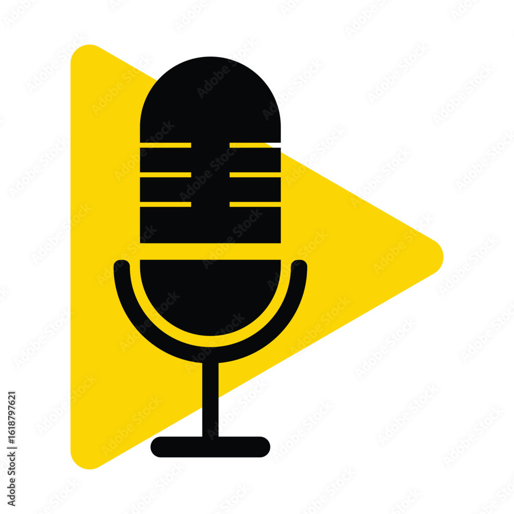 Black microphone icon on yellow play button background Black microphone icon on yellow play button background