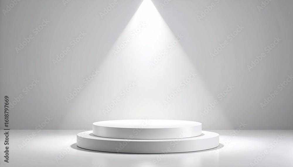 Fototapeta premium A white, two-tiered pedestal stands illuminated by a bright spotlight against a neutral backdrop.