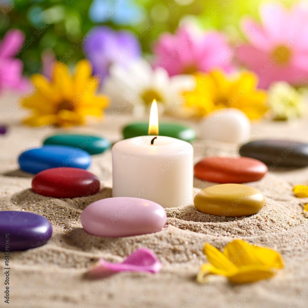 Colorful stones, candle, and flowers in sand. Calm scene Colorful stones, candle, and flowers in sand. Calm scene
