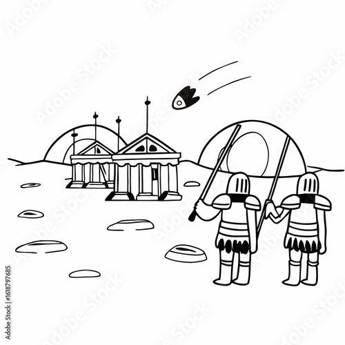 Vector art of illustration of space colony with space warriors and meteor in black and white line art style drawing vector illustration