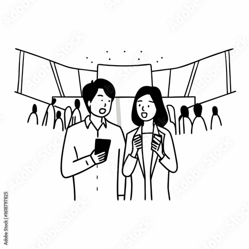 Vector art of conference attendees networking at event with smartphone business people convention seminar meeting crowd vector illustration