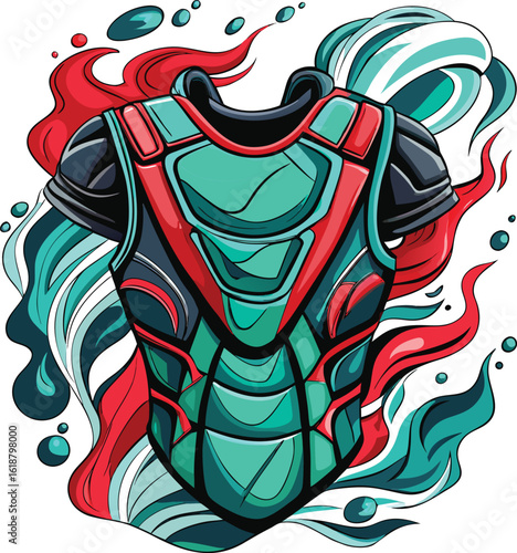 Teal and red protective chest gear with flowing abstract elements chest protector sports gear