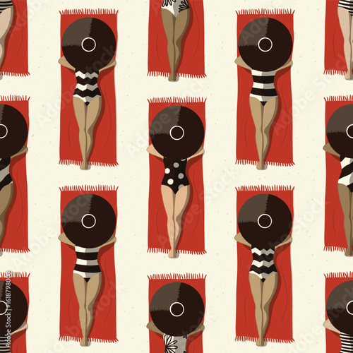 Seamless Vector Pattern Retro sunbathing woman bold black white swimsuit on red summer beach towels