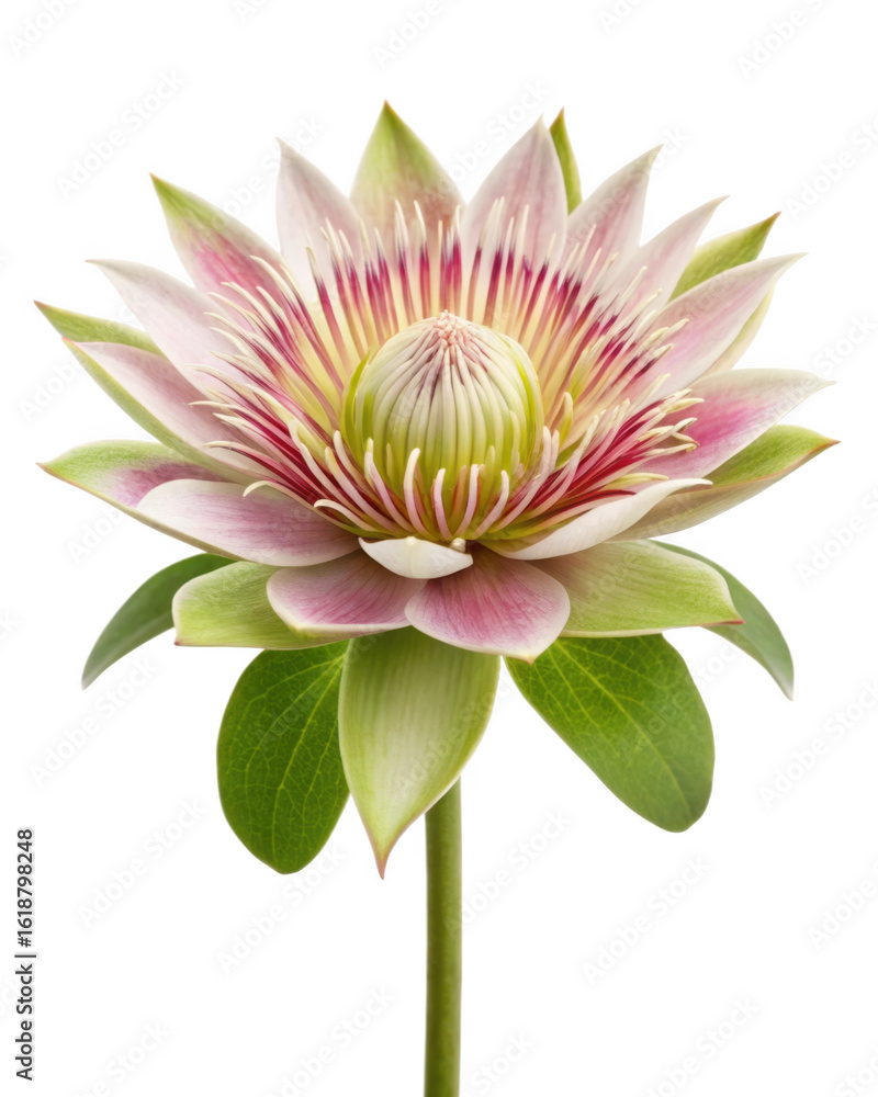 Obraz premium Beautiful protea flower with pink petals and green leaves is blooming on a transparent background