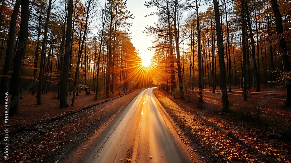 Obraz premium Aerial view of a dirt road splitting through a golden autumn forest with sunlight filtering through the trees.