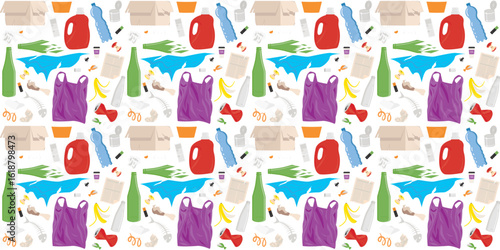 Colorful, seamless pattern of various trash items: bottles, paper, plastic, food waste, and containers. Perfect for recycling, sustainability, zero waste, education, and eco awareness designs.