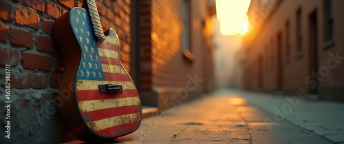 Old electric guitar with American flag image in city alley at sunset