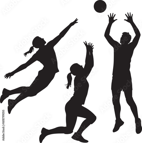 Volleyball players in action reaching for ball sport black