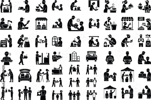 Volunteer Giving Food Silhouette Icon Set Charity and Food Donation Vector Silhouettes
