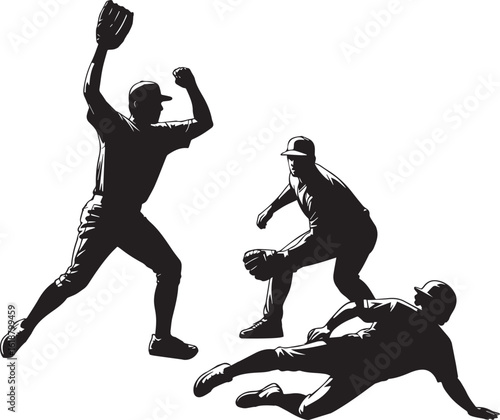 Baseball players pitching catching sliding action silhouettes vector