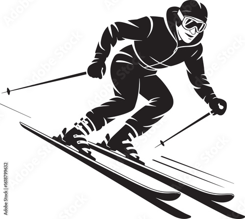 Black and white vector art of a skier descending a slope skiing snow