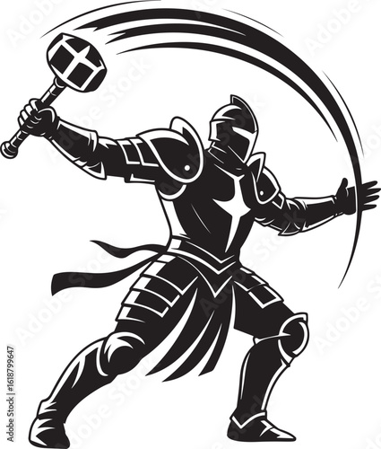 Black knight swinging a mace with motion lines armor medieval
