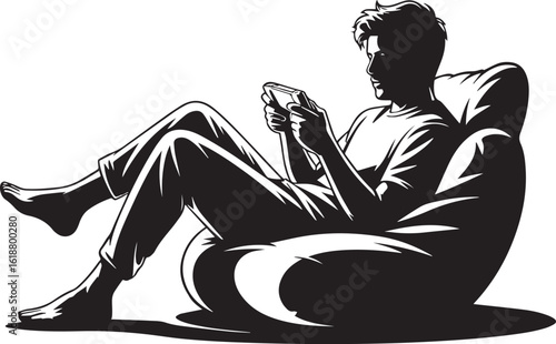 Man relaxing using mobile phone on beanbag vector