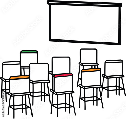 classroom with colorful chairs and whiteboard