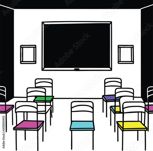 classroom with colorful chairs blackboard and books