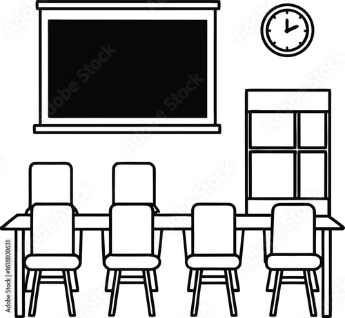 classroom with colorful chairs blackboard and books