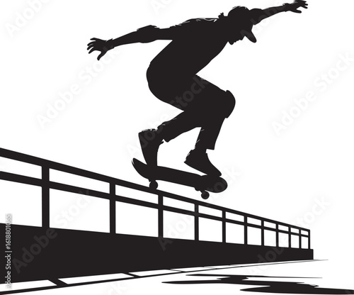 Skateboarder silhouette performing trick over railing black