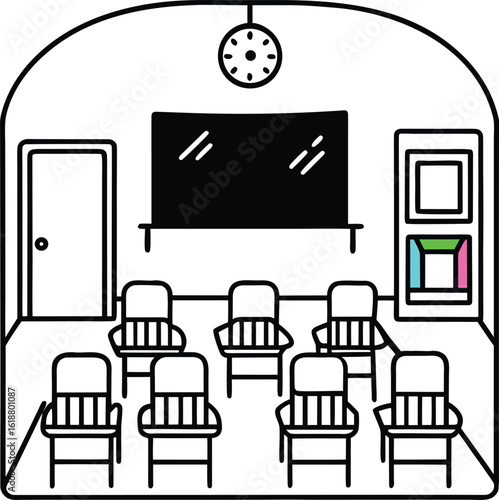classroom with colorful chairs blackboard and books