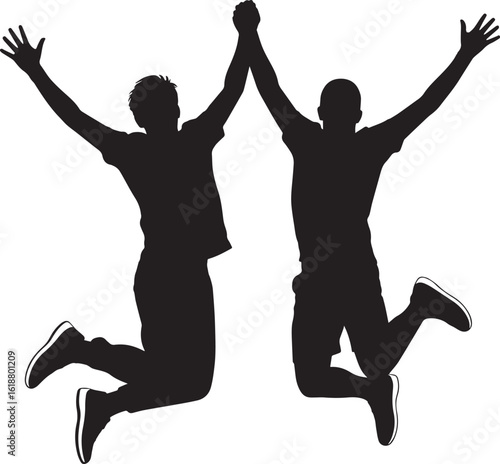 Two joyful men jumping high five celebration black white