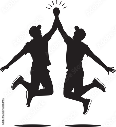 Two people jumping high five celebration black white