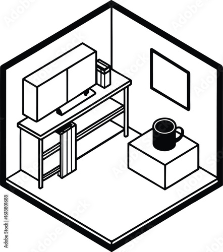 small cozy isometric dorm room with coffee mug
