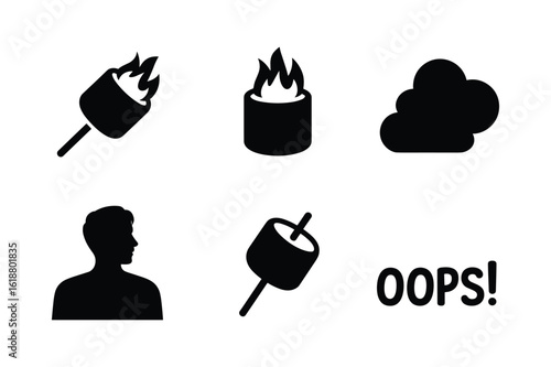 Marshmallow roasting silhouette with flames and oops text fire stick
