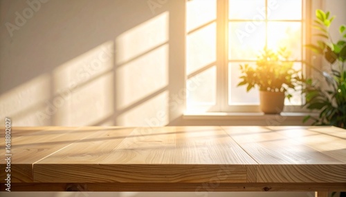 Sunlit wooden table near window, showcasing warm light and potted plant.