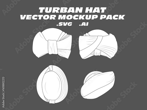 Turban Hat Vector Mockup Pack – Editable vector templates for turban hats, featuring front, side, and top views. Ideal for cultural fashion design, ceremonial accessories, and headwear tech packs