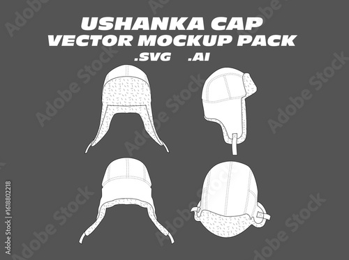 Ushanka Cap Vector Mockup Pack – Editable vector templates for traditional ushanka hats, featuring front, side, and top views with ear flaps. Ideal for winterwear design, cultural fashion collections,