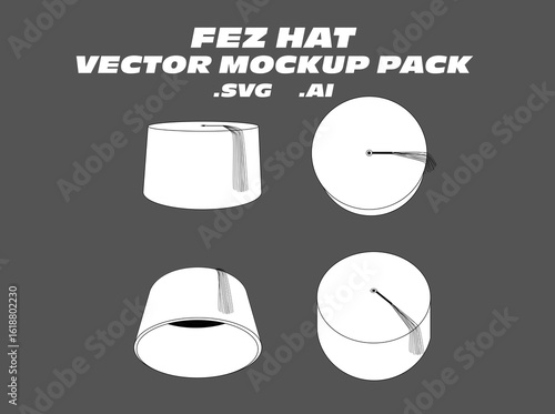 Fez Hat Vector Mockup Pack – Editable vector templates for traditional fez hats, featuring front, side, and top views. Perfect for cultural fashion design, ceremonial accessories, and tech pack develo