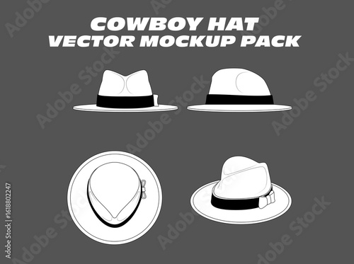 Cowboy Hat Vector Mockup Pack – Editable vector templates for cowboy hats, featuring side and top views. Ideal for western wear collections, accessory design, and tech pack development