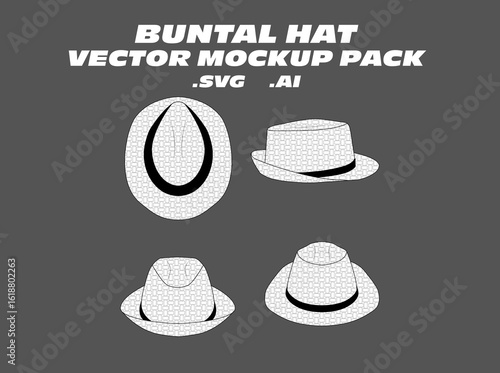 Buntal Hat Vector Mockup Pack – Editable vector templates for traditional buntal hats, featuring top, side, and angled views. Ideal for cultural fashion design, summerwear collections, and accessory t
