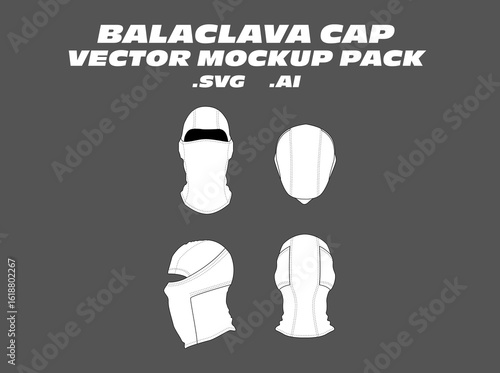 Balaclava Cap Vector Mockup Pack – Fully editable vector templates for balaclava caps, featuring front, side, and back views. Ideal for winterwear, streetwear, sportswear, and tactical fashion design