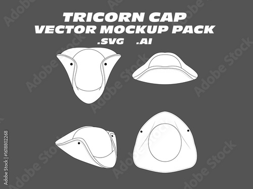 Tricorn Cap Vector Mockup Pack – Editable vector templates for historical tricorn hats, featuring side, front, and top views. Perfect for costume design, historical fashion, reenactment accessories, a