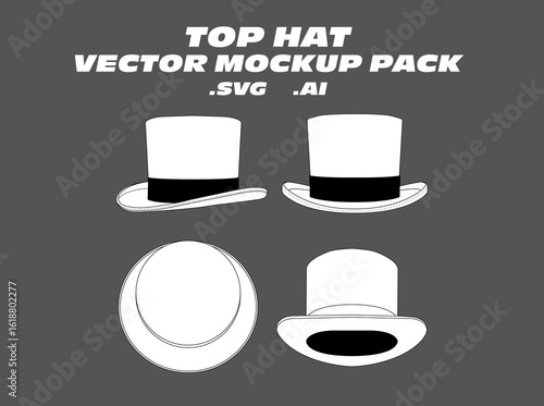 Top Hat Vector Mockup Pack – Editable vector templates for classic top hats, featuring front, side, and top views. Ideal for formalwear design, costume and theatrical fashion, and accessory tech packs