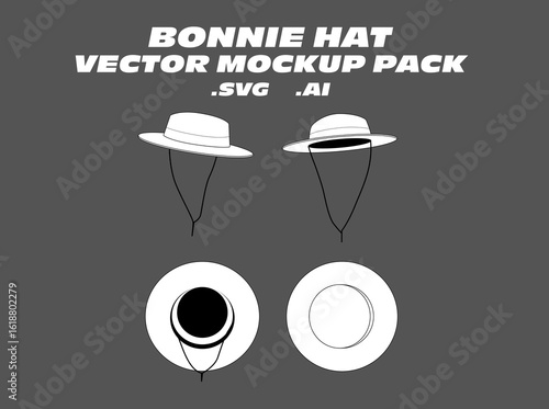 Boonie Hat Vector Mockup Pack – Editable vector templates for boonie hats, featuring front, side, and top views. Ideal for outdoor apparel, military-inspired fashion, and accessory tech packs