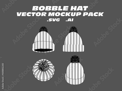 Bobble Hat Vector Mockup Pack – Editable vector templates for bobble hats, featuring front, side, and top views. Ideal for winterwear collections, fashion designers, and accessory tech packs.