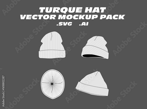 Turque Hat Vector Mockup Pack – Editable vector templates for Turque hats, featuring front, side, and top views. Ideal for fashion designers, accessory tech packs, and headwear collections