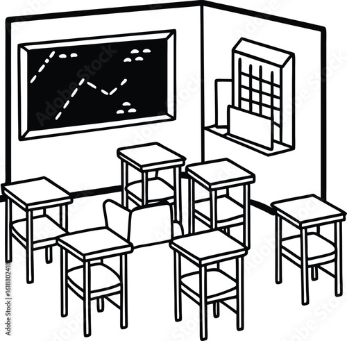 classroom with colorful chairs map and blackboard